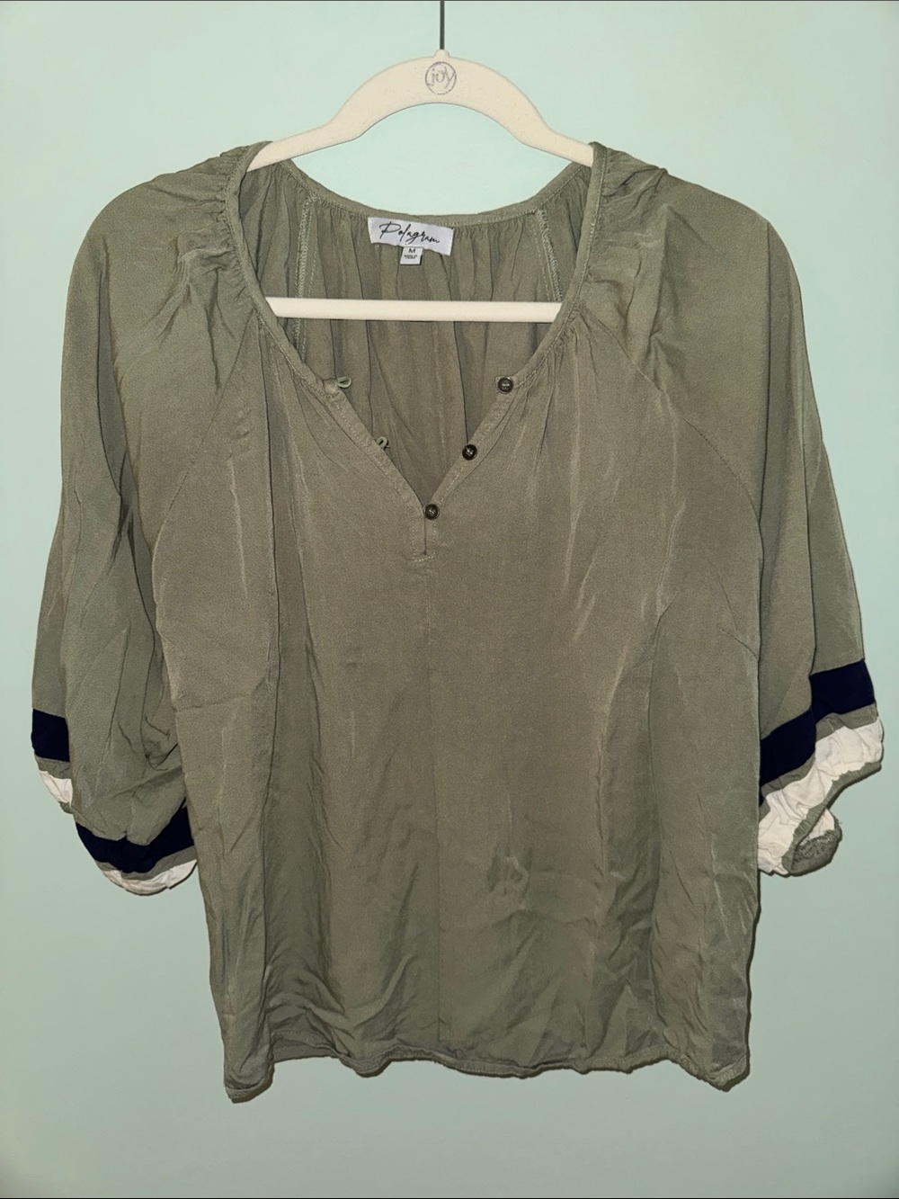 Polagram Olive Green V-Neck Blouse with Navy and White Sleeve Bands